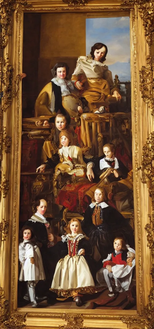 Image similar to oil paint in canvas of family portrait in the main room of the castle, dark room, one point of light trough a big window. baroque style 1 6 5 0, high details on clothes, realistic faces and expressions, space between subjects inspired by diego velasquez