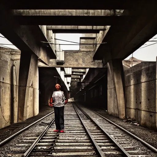 Prompt: poor people life under railway bridge, award winning, realistic, 4 k, hyper details, portrait by steve mccury and annie leibovitz and chindy sherman, best on adobe stock, cinematic, detailed place and people