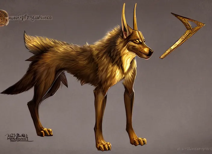 Image similar to award winning concept art fullbody egyptian god wolf anubis character design of a egyptian anubis monster wolf. egyptian god deviantart adoptable, deviantart species style of maple story and rossdraws, artgerm, studio lighting by jessica rossier and brian froud, traditional, artstationhd artstation, disney, hq textures