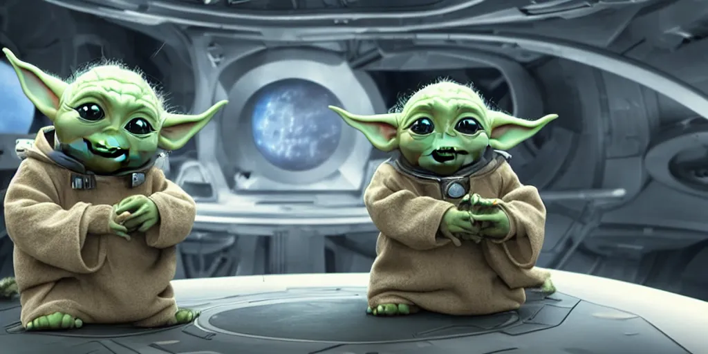 Image similar to a 3 d rendered movie still, wide - angle 1 0 0 m in the distance, baby yoda wearing a spacesuit, and exploring cosmos in a super awesome space ship. science fiction blockbuster movie, dramatic lighting, imax 7 0 mm. buzz lightyear