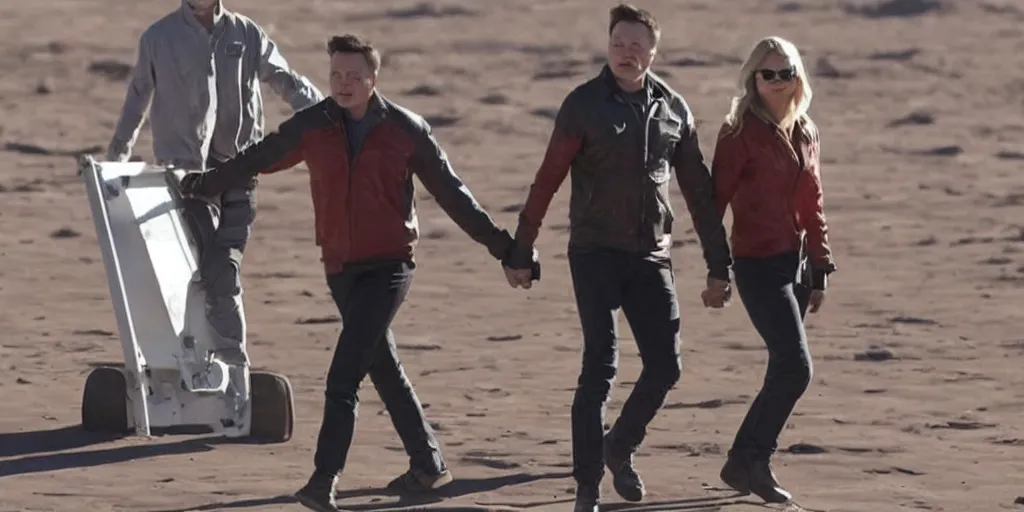 Image similar to elon musk and margot robbie holding hands on mars, highly detailed, hyper realistic