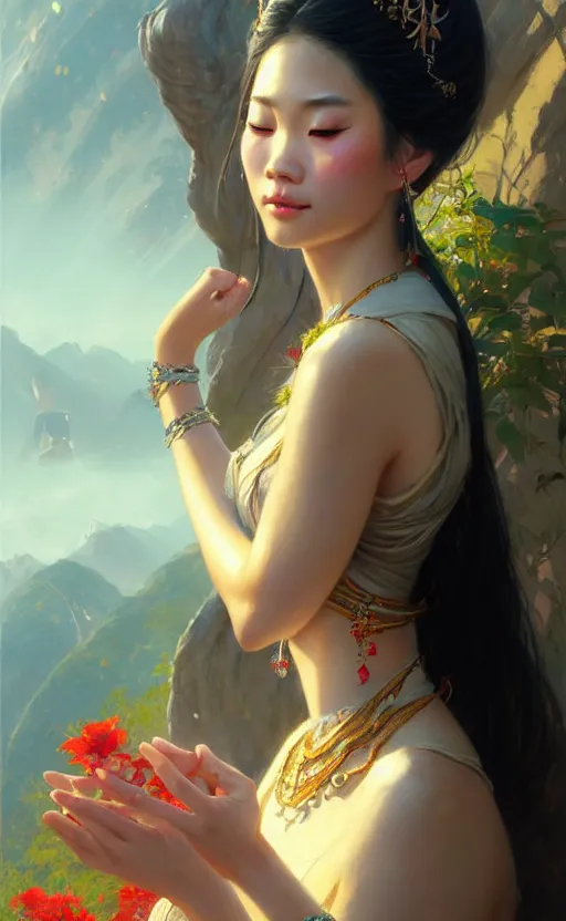 Image similar to a beautiful taiwan goddess with sundress with jewelry | | winter, realistic shaded, unpleasant face, good looking, fine details, realistic shaded lighting poster by greg rutkowski, magali villeneuve, artgerm, jeremy lipkin and michael garmash and rob rey