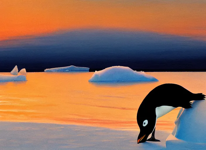 Image similar to a penguin sliding on the ice floe, by makoto shinkai, highly detailed, sunset light