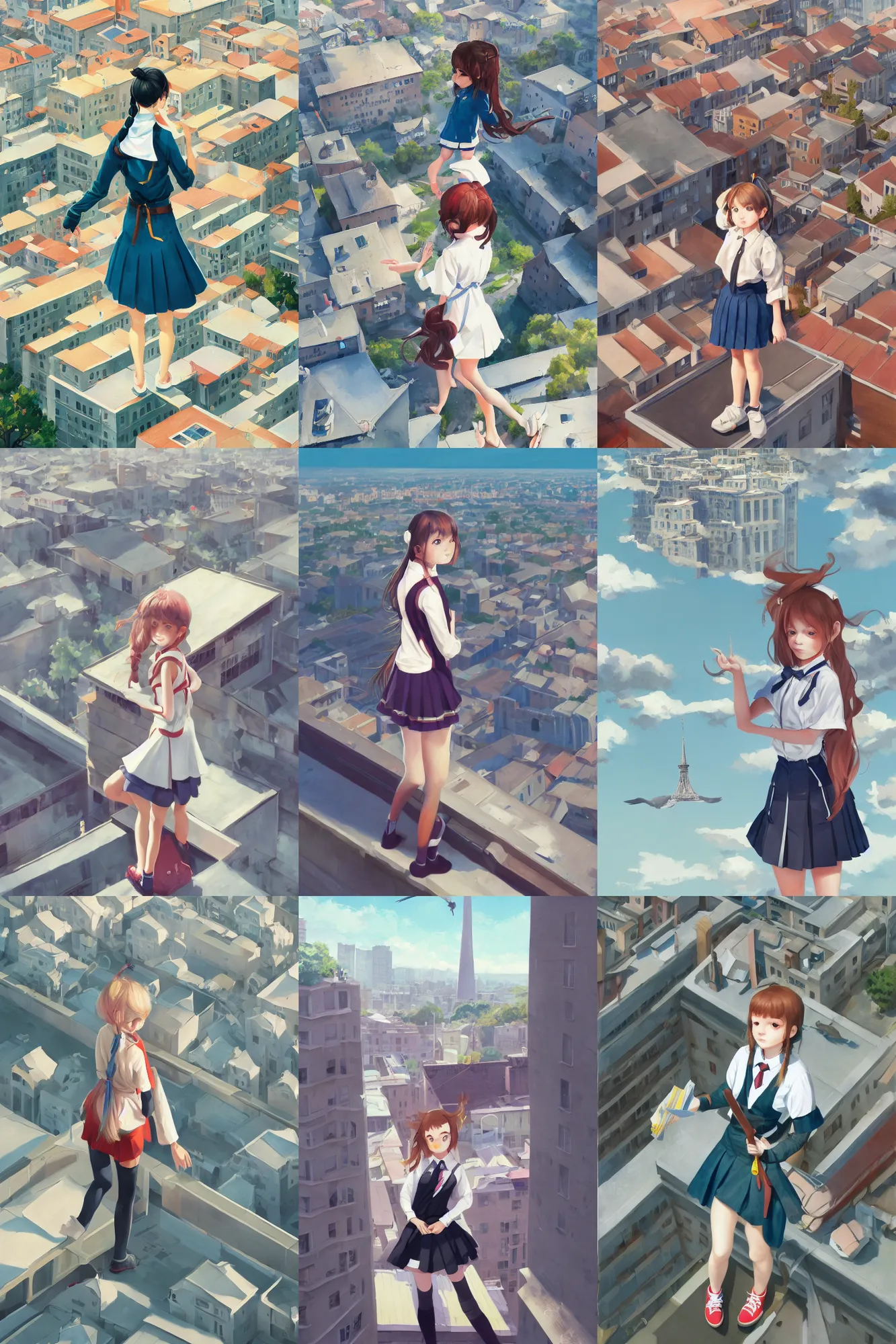 Prompt: gouache of a cute girl wearing school uniform standing on the edge of the roof of a tall building, armed, bird's eye view, 8 k wallpaper, high detailed, illustration, morandi color scheme, art station, by krenz cushart