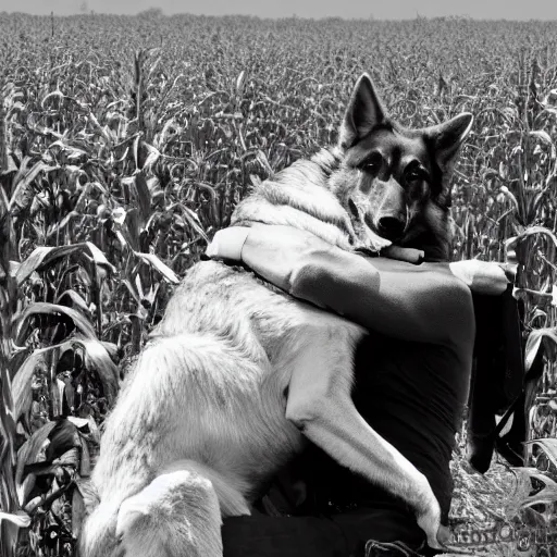 Image similar to a humanoid german shepherd beast - man hugging his friend in a corn field vintage sepia detailed 8 k