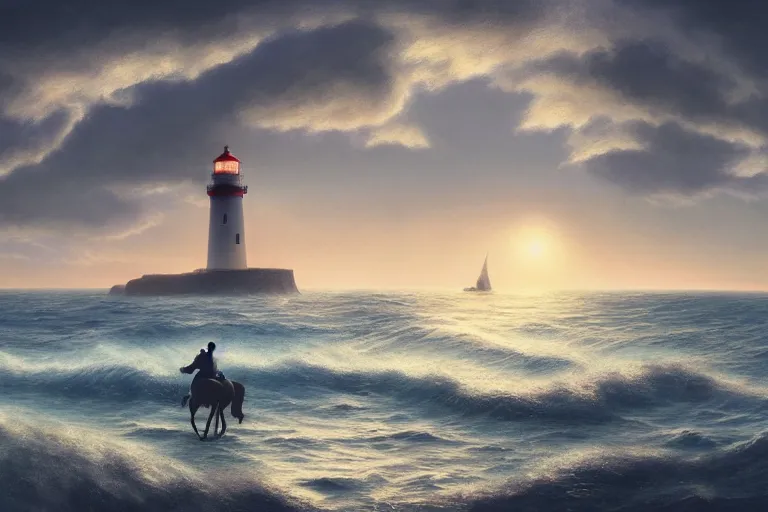 Image similar to photo of man riding a horse along the beach, glowing underwater waves toward a lighthouse in the distance guiding his way, silhouette, wide horizon, large white clouds, night, intricate, elegant, highly detailed, digital painting, artstation, concept art, smooth, sharp focus, illustration, art by artgerm and greg rutkowski and fra angelico