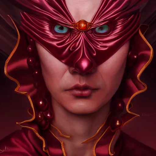 Image similar to chaotic burgundy satin ribbons instead of skin build image of mystic face, moebius, bao pham, donato giancola, larry elmore, masterpiece, trending on artstation, featured on pixiv, cinematic composition, beautiful lighting, sharp, details, hyper - detailed, hdr, 4 k, 8 k