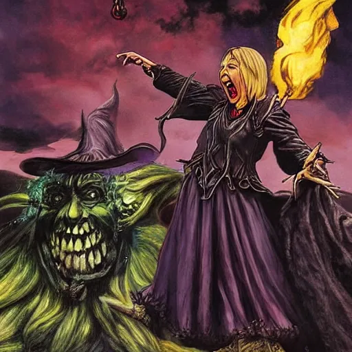 Image similar to epic fantasy painting of the wicked witch of the west summoning magical energy in order to shoot a huge fireball ; action pose, intense screaming expression, oz series, played by margaret hamilton, thatched worn rooftop background, art by adam hughes, in the style of adam hughes