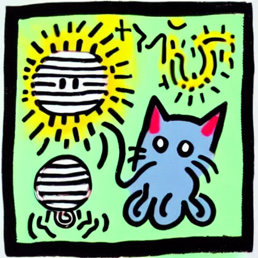 Image similar to happy cat with ball, keith haring,