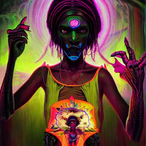 Prompt: a death tarot featuring a haitian voodoo priestess with menacing eyes and long sharp fingernails, blacklight neon colors, by anton semenov and android jones in cyberpunk voodoo style, oil on canvas, 8k