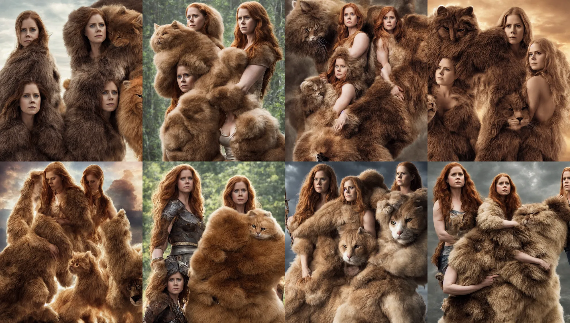 Prompt: amy adams as an amazon warrior leaning against her giant fluffy cat beast, highly detailed, magali villeneuve