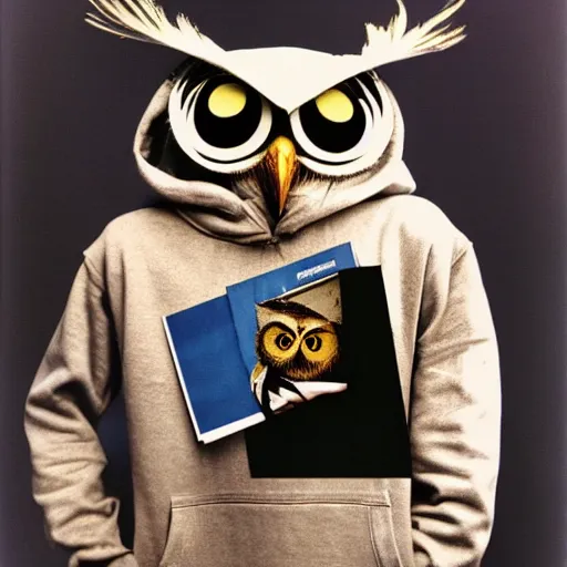 Prompt: close - up anthropomorphic owl in a hoodie, holding a magazine, 9 0 - s fashion, polaroid photo, by warhol,