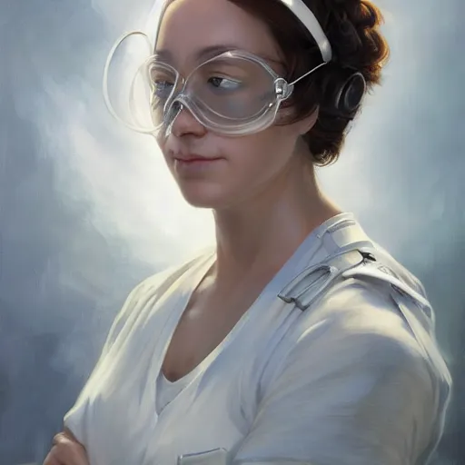 Image similar to epic portrait an female nurse in a white dress and short sleeves wearing a mask and closing her eyes, detailed, centered, digital painting, artstation, concept art, donato giancola, Joseph Christian Leyendecker, WLOP, Boris Vallejo, Breathtaking, 8k resolution, extremely detailed, beautiful, establishing shot, artistic, hyperrealistic, beautiful face, octane render