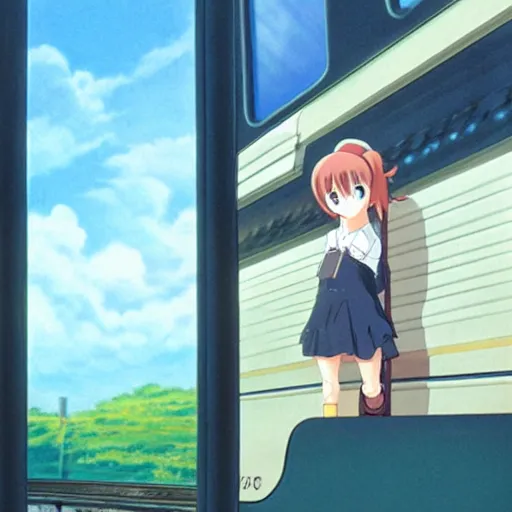Prompt: a cute anime girl stands on the edge of the door of a moving train, art by hayao miyazaki, studio bind, makoto shinkai
