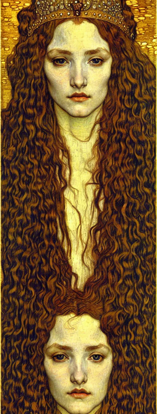 Image similar to detailed realistic beautiful young medieval queen face portrait by jean delville, gustav klimt and vincent van gogh, art nouveau, symbolist, visionary, gothic, pre - raphaelite, muted earthy colors, desaturated