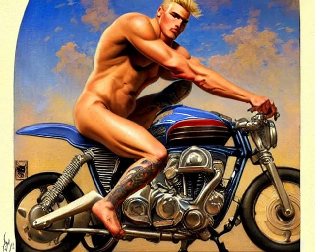 Image similar to handsome tattooed blonde gym bro next to a motorcycle, cool colors, hard angles, painting by gaston bussiere, craig mullins, j. c. leyendecker, tom of finland