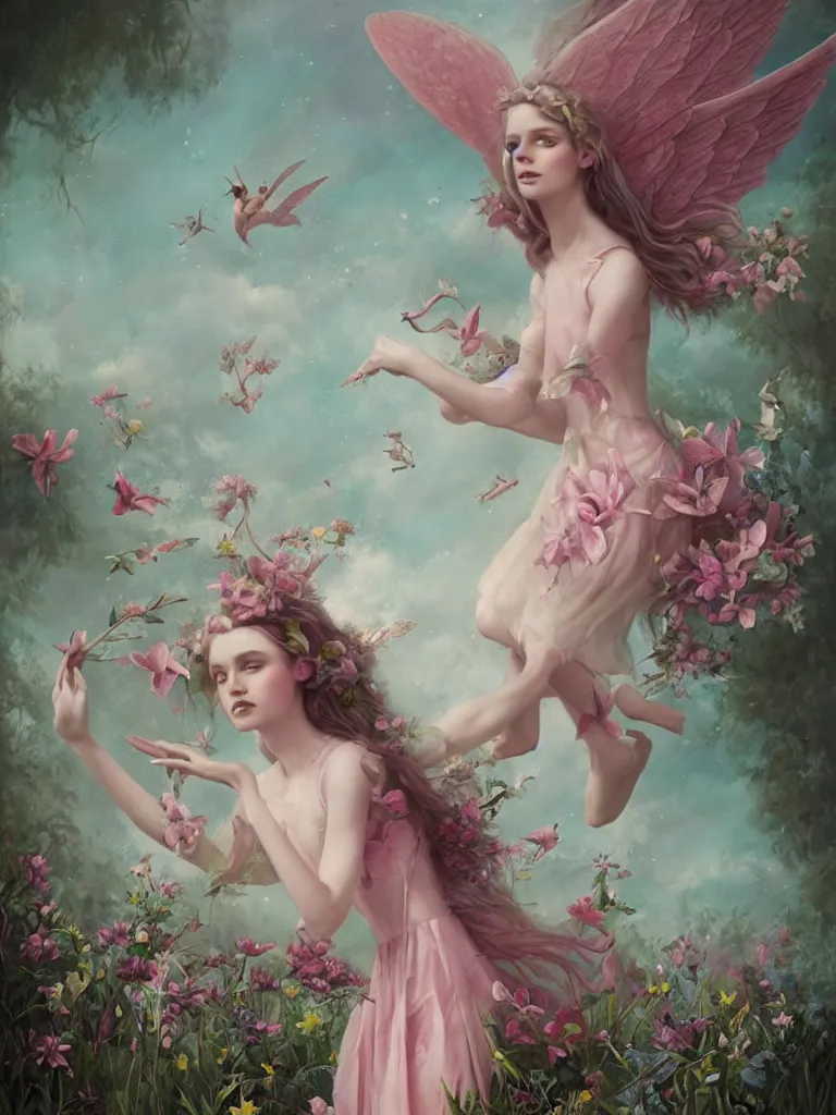 Image similar to one pink fairy with large wings exploring her lonely flower garden by herself in the style of tom bagshaw, extremely detailed, muted colors