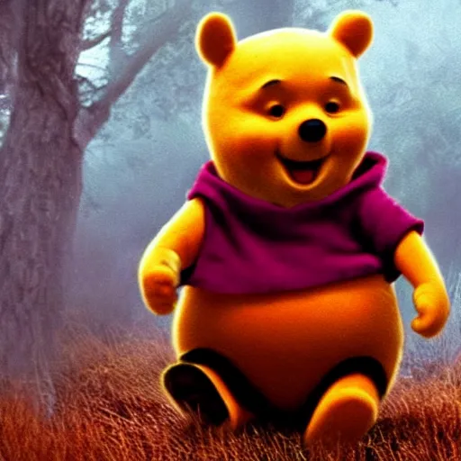 Image similar to winnie the pooh horror movie slasher, scary, creepy, realistic, cinematic