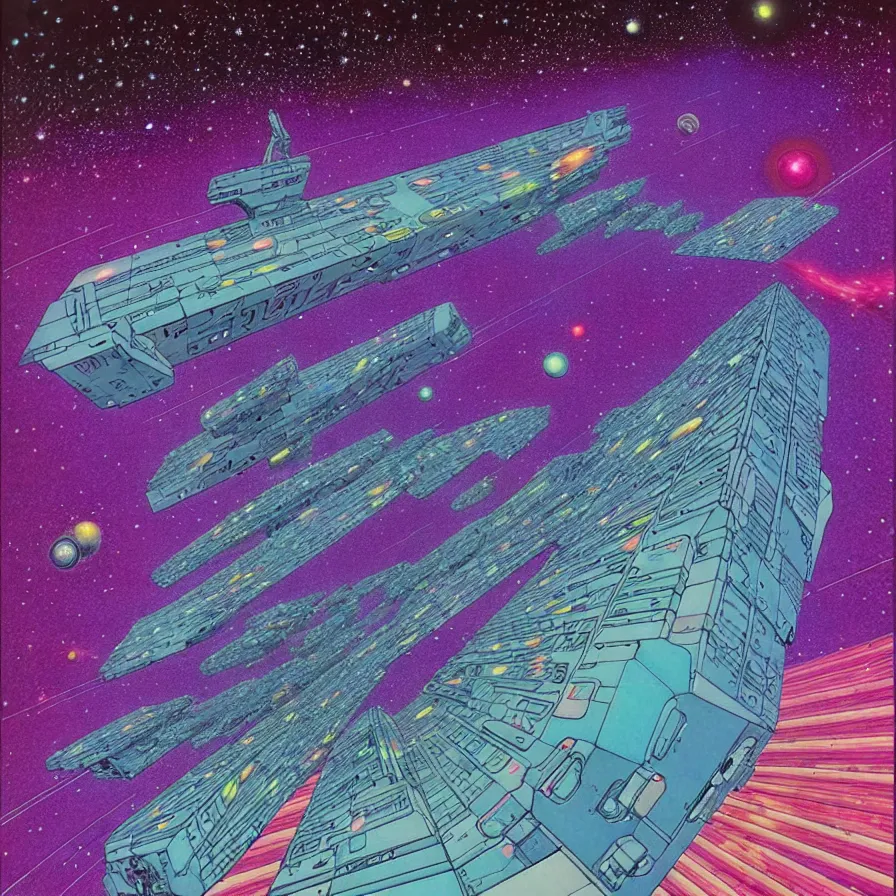 Image similar to ( ( ( ( a huge ship moving through a dimensional gap at the end of the galaxy. ) ) ) ) by mœbius!!!!!!!!!!!!!!!!!!!!!!!!!!!, overdetailed art, colorful, artistic record jacket design