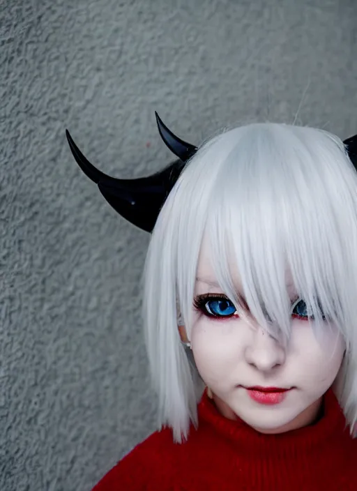 Image similar to white haired anime girl with horns, red eyes, cute