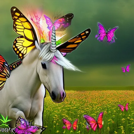 Prompt: a unicorn with butterfly wings eating in a field of marijuana eating, wildlife photography, 8 k, highly detailed
