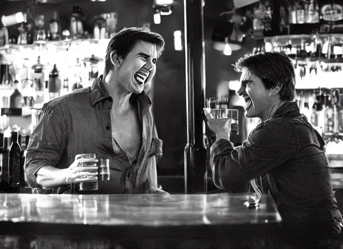 Image similar to hyper realistic tom cruise hanging out with tom cruise at a bar, all overly excited, jaw unhinged with laughter and smiling, all teeth, by greg rutkowski, 4 k, 8 k, masterpiece