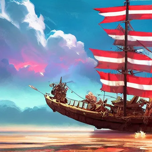 Prompt: a large pirate ship floating on top of a body of water, pirates flag, cgsociety, fantasy art, 2 d game art, concept art, heavenly lighting, retrowave, behance hd, concept art by jesper ejsing, by rhads, makoto shinkai cyril rolando, madgwick, cory loftis, sylvain sarrailh