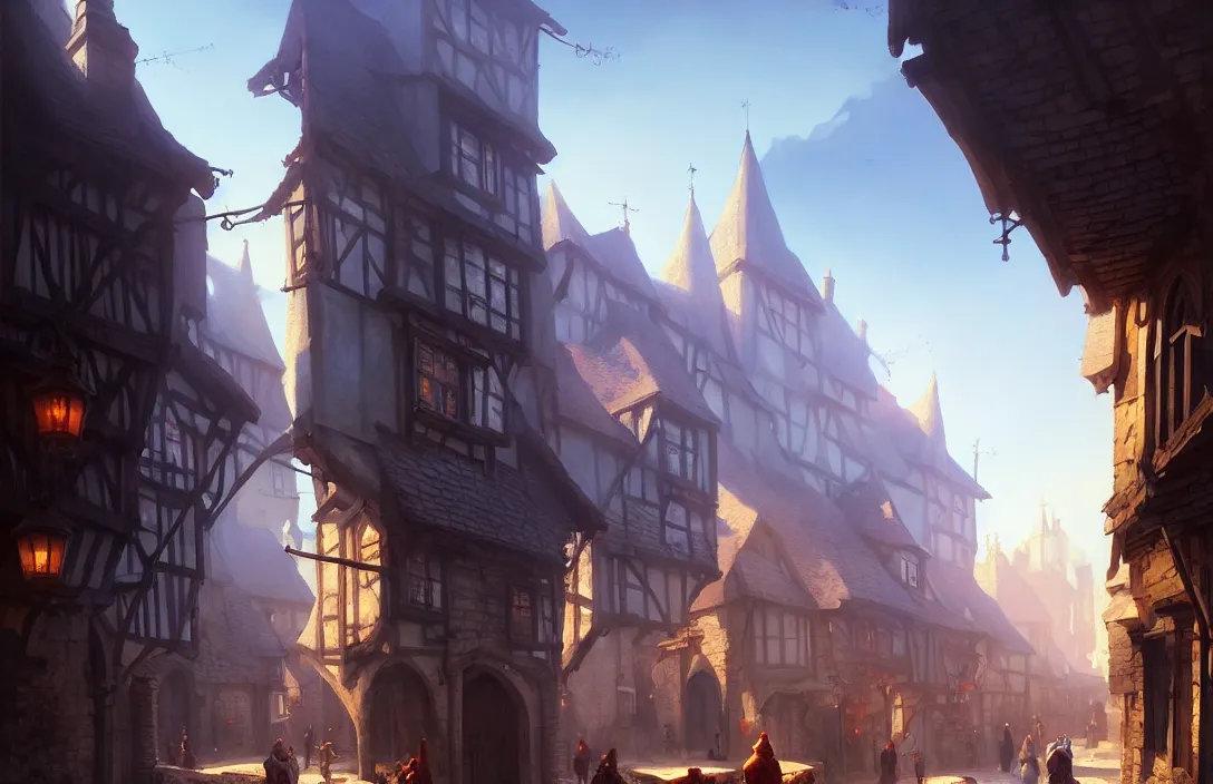 Prompt: medieval village street scene, blue sky, fantasy, concept art, low angle, highly detailed, warm lighting, volumetric, godrays, vivid, trending on artstation, by jordan grimmer, greg rutkowski