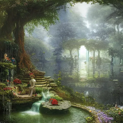 Image similar to a beautiful and highly detailed matte painting of a magical fountain in a fantasy garden in a lush forest deep in the mystical mountains, intricate details, epic scale, insanely complex, 8 k, sharp focus, hyperrealism, very realistic, by caspar friedrich, albert bierstadt, james gurney, brian froud,