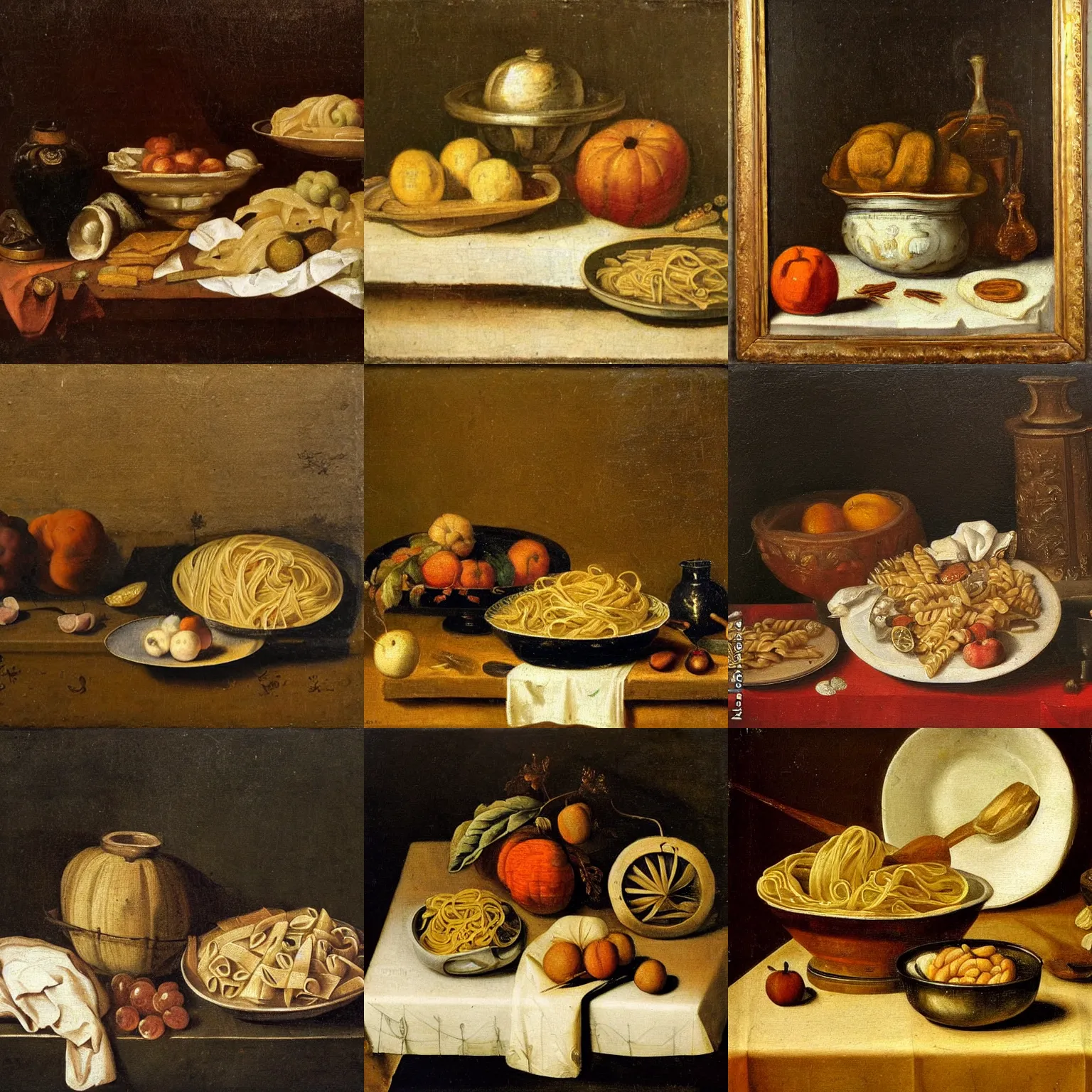 Prompt: Dutch still life oil painting from the 1600s, table with only a bowl of pasta