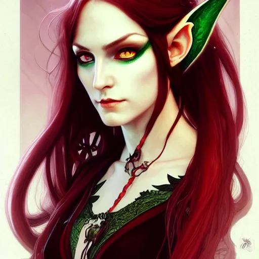 Image similar to Portrait of seductive female elven priest, D&D, green eyes, choker, long red hair, demon wings, fantasy, intricate, elegant, highly detailed, digital painting, artstation, concept art, smooth, sharp focus, illustration, art by artgerm and greg rutkowski and alphonse mucha