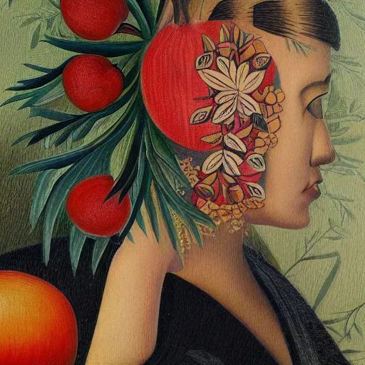 Prompt: a beautiful ultradetailed tattoo of a still life with an open pomegranate in naïve art style by henry rousseau, on the body side of a girl, trending on art station, 4K