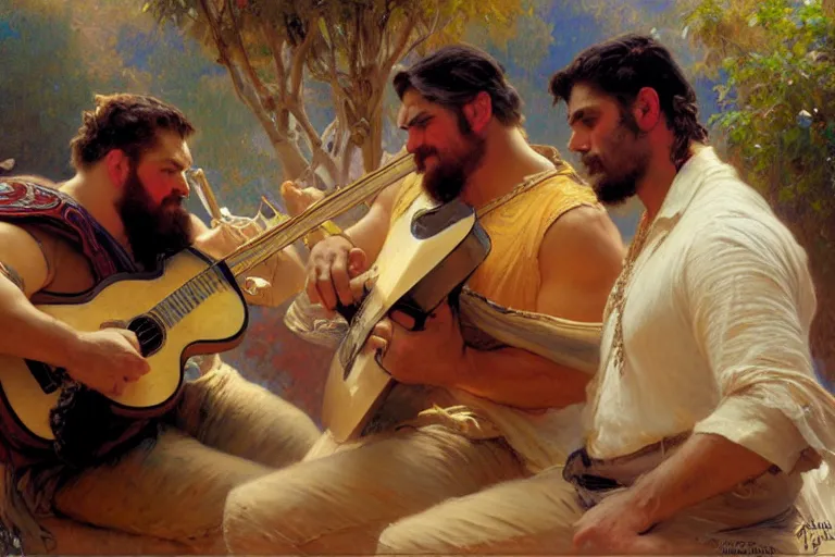 Prompt: 2 beefy attractive men playing music, painting by gaston bussiere, craig mullins, greg rutkowski, alphonse mucha