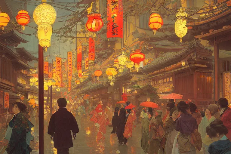 Prompt: a beautiful realistic painting of the lantern festival in old kyoto, neon colors, intricate, elegant, highly detailed, digital painting, artstation, concept art, by krenz cushart and artem demura and alphonse mucha