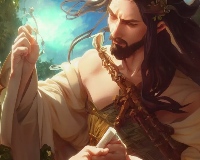 Prompt: photography of jesus christ shooting anime characters, deep focus, d & d, fantasy, intricate, elegant, highly detailed, digital painting, artstation, concept art, matte, sharp focus, illustration, hearthstone, art by artgerm and greg rutkowski and alphonse mucha