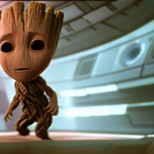 Prompt: Film still of Baby Groot walking around on the Death star, from Star Wars (1977)