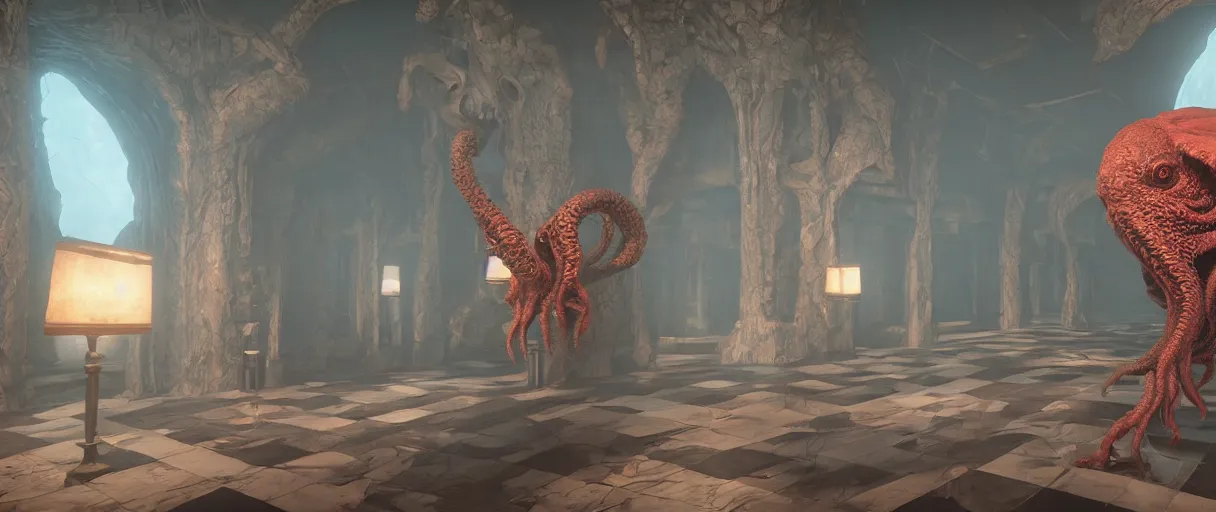 Prompt: cthulhu on a blind date | unreal engine :. 6 | global illumination, octane, raytracing, detailed and intricate :. 4