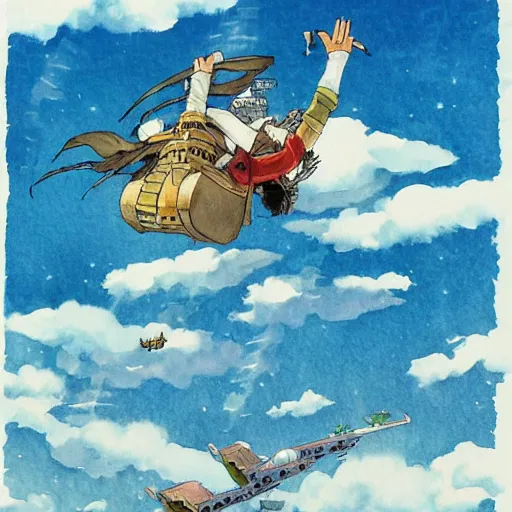 Image similar to sky fortress laputa hayao miyazaki flying high in the sky, watercolor illustration for a book