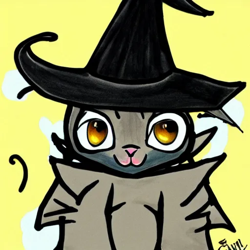 Image similar to drawing of a cat using witch hat. cartoon. cute. anime style.