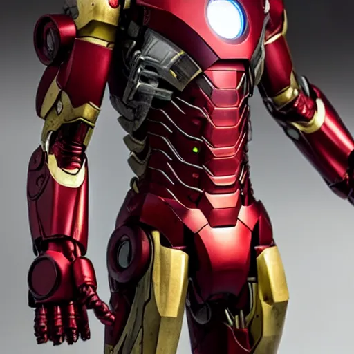 Image similar to overgrown, rusted, broken, dented, and battle damaged iron man suit, 4k realistic photo