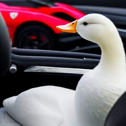 Image similar to a white duck, sitting in the front seat of a ferrari