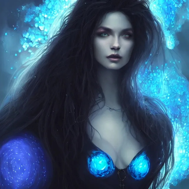 Prompt: detailed portrait of beautiful witch made of blue plasma, dark fantasy, black background!!! glowing magical shiny skin, symmetry, highly detailed, 4 k digital painting, detailed skin, iridescence reflecting, crystal particles, magical, raytracing, plasma, artistic, concept art by artgerm, greg rutkowski, alphonse mucha, unreal engine render,