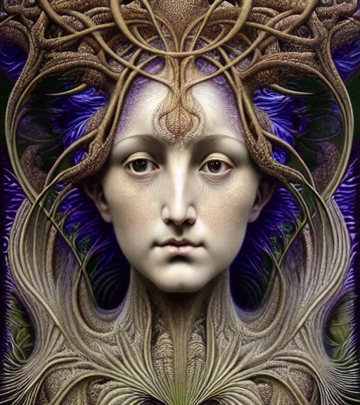 Prompt: detailed realistic beautiful thistle goddess face portrait by jean delville, gustave dore, iris van herpen and marco mazzoni, art forms of nature by ernst haeckel, art nouveau, symbolist, visionary, gothic, neo - gothic, pre - raphaelite, fractal lace, intricate alien botanicals, biodiversity, surreality, hyperdetailed ultrasharp octane render