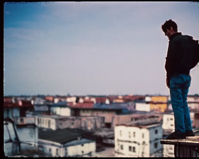 Image similar to lomo photo of man standing on the roof of soviet hrushevka, small town, cinestill, bokeh, out of focus