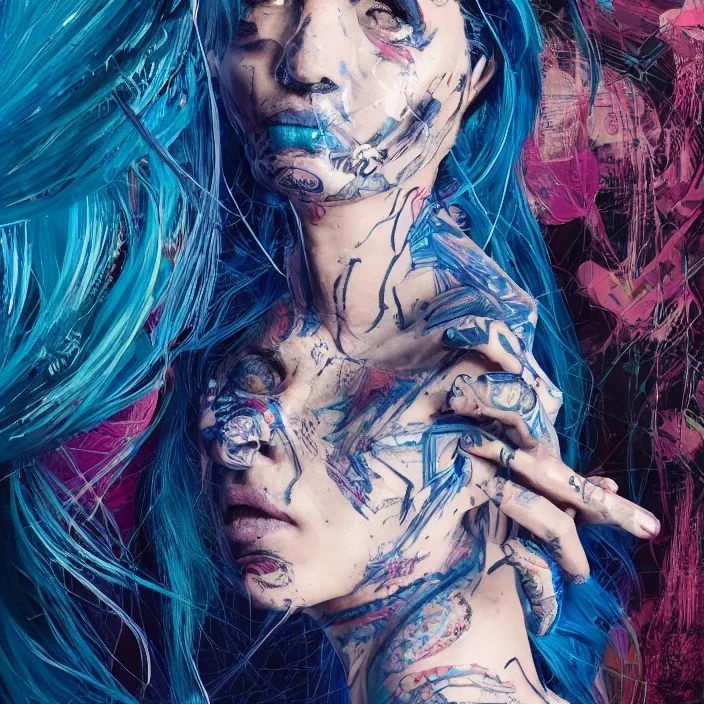 Prompt: portrait of alternative model with tattoos and blue hair. intricate abstract. intricate artwork. by Tooth Wu, wlop, beeple, dan mumford. octane render, trending on artstation, greg rutkowski very coherent symmetrical artwork. cinematic, hyper realism, high detail, octane render, 8k, iridescent accents