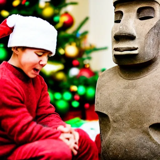 Prompt: a kid at christmas disappointed and crying looking a giant moai statue, his hands buried in his face, sitting down | inside of a house next to a christmas tree, large opened present box next to the moai