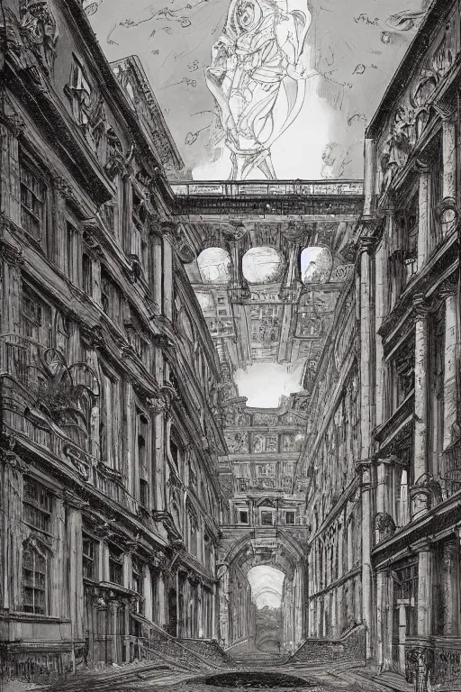 Image similar to portal to a baroque city in a parallel universe; by François Schuiten, by Giovanni Battista Piranesi, by Pendleton Ward