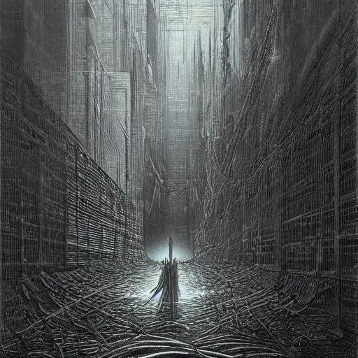 Prompt: cyberpunk dreaming by gustave dore