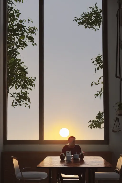 Image similar to a man sitting on a café table mext to a window and holding a cup of coffee at sunset, Pixar style, black hair, 4K, cartoon, concept art, octane render, unreal engine 5, path tracing, complementary colours, serene scene, warm, cute, natural lighting, high quality, highly detailed, high coherence, defined face, five fingers, anatomically correct, soft lighting, close view, digital art, trending on DeviantArt