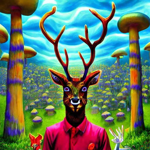 Image similar to 4 k headshot portrait of a psychedelic demonic anthropomorphic deer with mushroom themed clothes, magic mushroom village in background by jeff easley, award winning, stylized neon, post - processing, masterpiece, superb resolution. in the art style of junji ito and greg rutkowski. detailed mushroom city in background. hyper realistic anime. perfect art. dalle 2